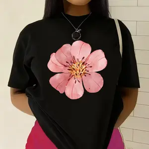Watercolor Pink Big Flower Print T-shirt Fresh Artistic Style Casual Top