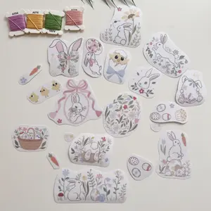 Rabbit Flowers Easter Days Theme ThemeEmbroidery Patterns Stick & Stitch - Easy to Use Adhesive Dissolvable Patterns for Various Fabrics Including Denim, Canvas, Cotton, Shoes