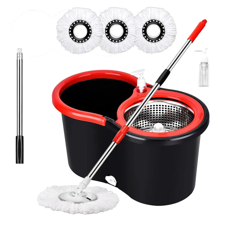 360-Degree Rotating Head Mop and Bucket Set - Sturdy Stainless Steel Bucket, Polypropylene Extendable Long Handle, Antisplash Basket, Fast Dirty Water Out, Simple Pressure Wring, Less Effort, Soap-Dispense Ease, 3 Replacement Heads for Household Cleaning
