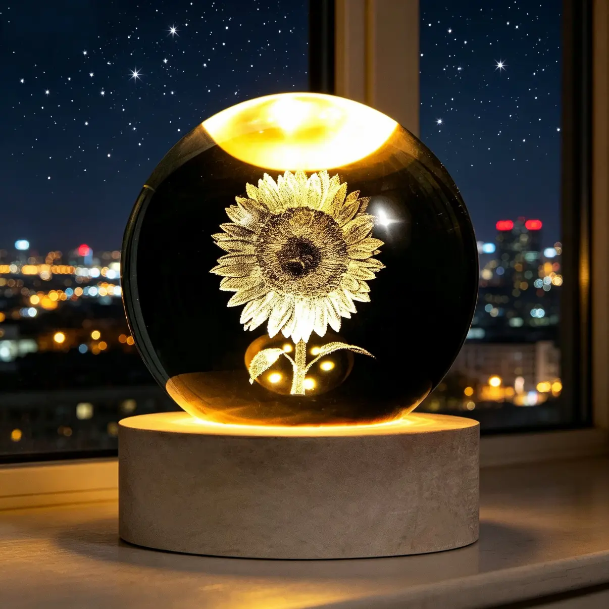 3D Sunflower Crystal Ball Night Light, Flower Decoration with Wooden LED Base, USB Powered Thanksgiving Gift for Home & Desk, Party, Valentines Day, Centerpiece, 3D Laser-Etched, Laser-Engraved Design, Dreamy Light Rings