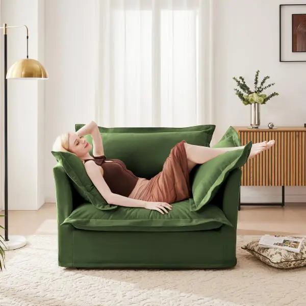 Chenille Fabric Green Slip-Covered Armchair - Sturdy, Durable Modern Indoor Sofa, Family-Friendly Single Deep Seat Comfy Couch, 1 Big Back Cushion, 2 Big Toss Pillows, Detailed Stitching, 300 lbs Weight Capacity, 49.01 x 33.07 x 34.64 in