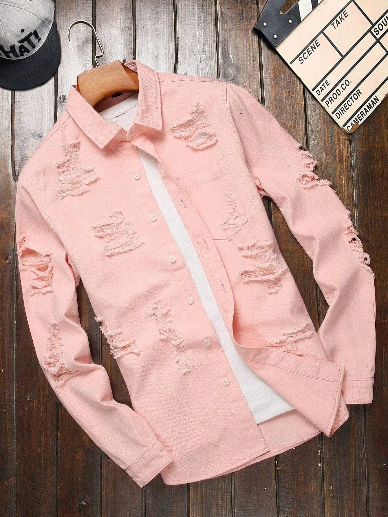 Men Ripped Frayed Denim Shirt Without Tee