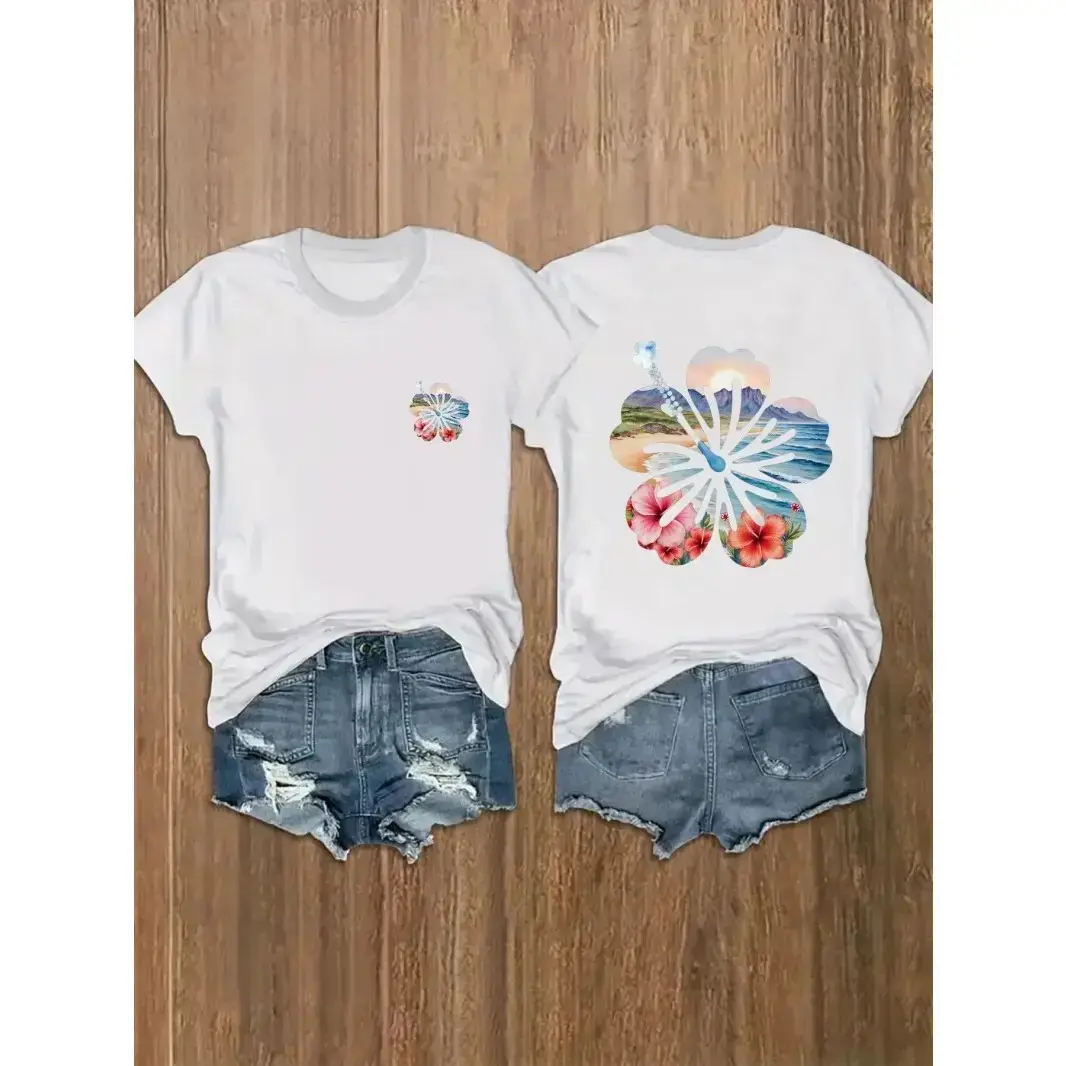 Womens Cotton Short Sleeve Graphic Tee Hibiscus Flower Beach Sunset Print Casual Summer Vacation Top Soft Breathable Lightweight Everyday Streetwear Outfit