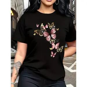 Watercolor Style Butterfly Pattern Print, Fashion Breathable T-Shirt, Family Travel, Campus, Casual, Daily Commute, Sister Outfit, Versatile T-Shirt