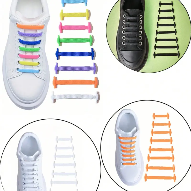 16-Piece Silicone Laces Shoelaces No-Tie Elastic Shoe Straps, Multicolor for Ice Skates Sports Shoes Casual Sneakers Stretchy Shoelaces Shoe Strings for Sneakers