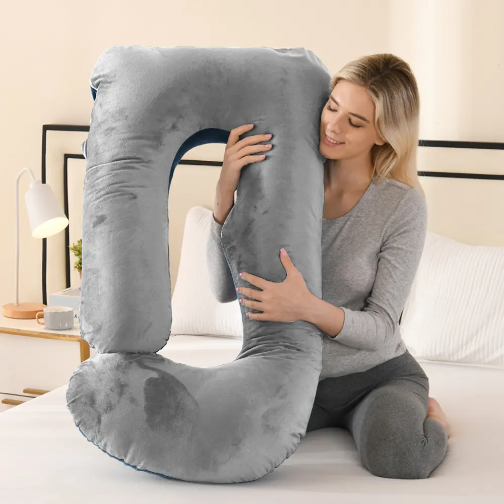 AmoridAge 41-Inch J-Shaped Maternity Pillow for Pregnant Women, Soft Velvet Full Body Support, Breathable Lumbar Pillow for Side Sleeping, Removable Washable Cover Maternity Supplies
