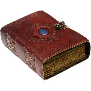 Vintage Leather Journal with Semi Precious Stone - Lock Closure, 240 pages Antique Deckle Edge Paper - Book of Shadows, Grimoire Journal,  Journal for Men and Women - 7" x 5"