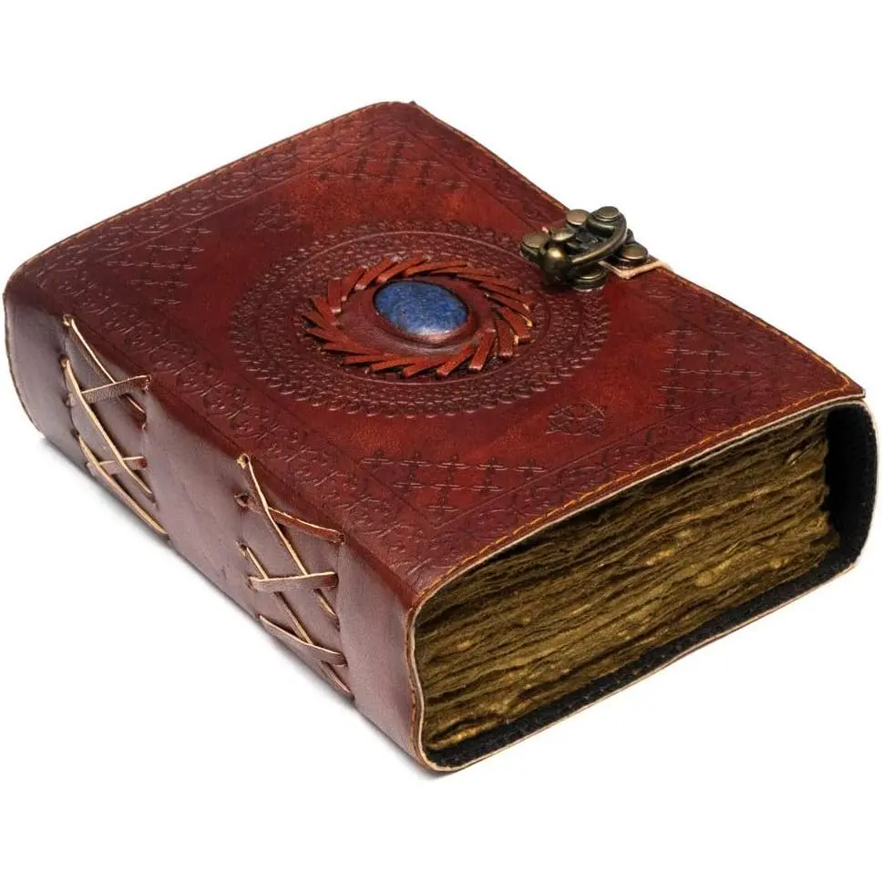 Vintage Leather Journal with Semi Precious Stone - Lock Closure, 240 pages Antique Deckle Edge Paper - Book of Shadows, Grimoire Journal,  Journal for Men and Women - 7" x 5"