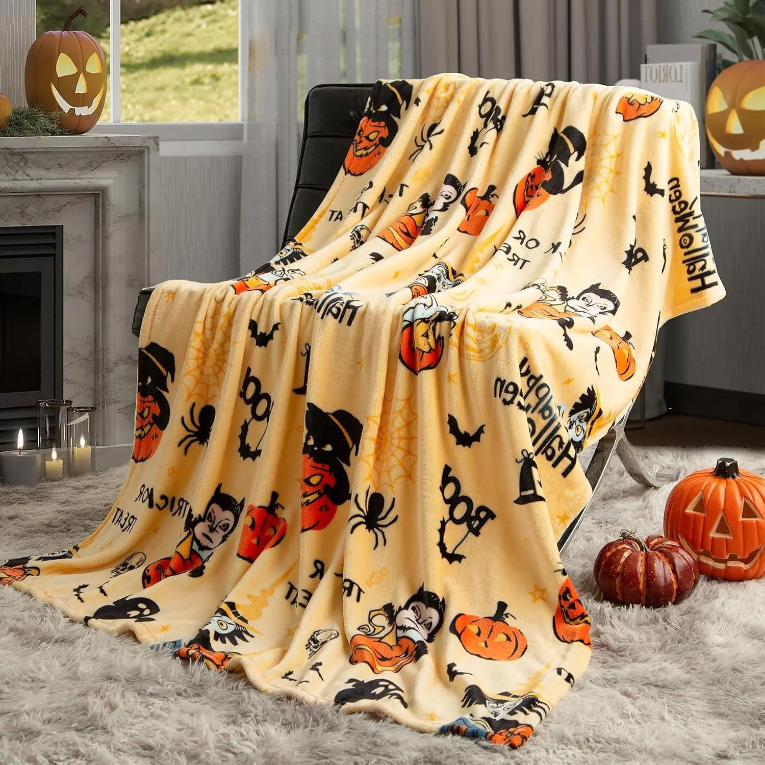 Pumpkin Reversible Fleece Blanket, Happy Halloween Print, Super Soft Warm Cozy Blanket for Couch Sofa, Orange Home Decor