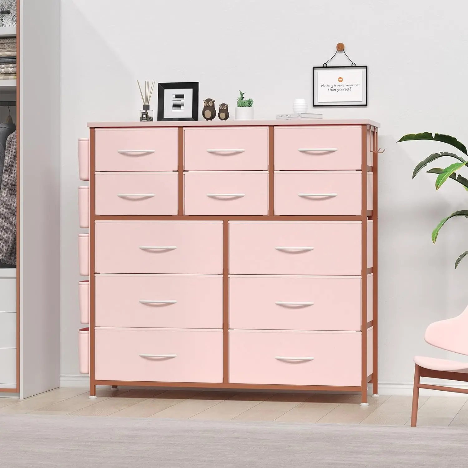 Tall 12 Drawer Fabric Dresser With Side Pockets And Steel Frame Space Saving Vertical Storage Chest For Bedroom Living Room Hallway Entryway Closet Organizer Durable Practical Design Pink