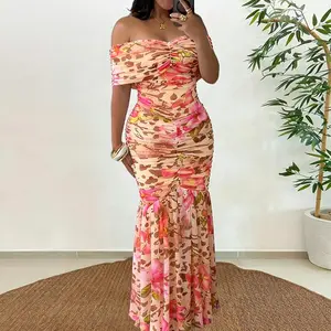 ChicMe Women's Off The Shoulder Mermaid Maxi Dress - Floral Leopard Print Mesh Bodycon Ruched Formal Dress/Summer Dress with Detachable Straps Elegant Evening Party Cocktail Dress for Vacation & Wedding Guest