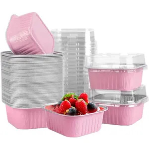 5oz Pink Aluminum Foil Mini Square Baking Cups with Lids, Disposable Bakeware Utensils for Home Wedding, Birthday Party Dessert or Cupcake Use