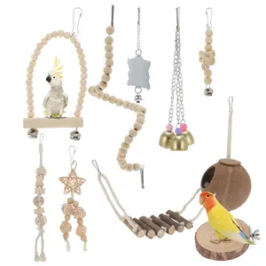 VOCOSTE 9pcs Cockatiel Toys, Interactive Bird Toy, Parrot Toys, Parrots Chewing Wood and Rope Bird Cage Accessories for Parakeets Cockatiel Wood Color