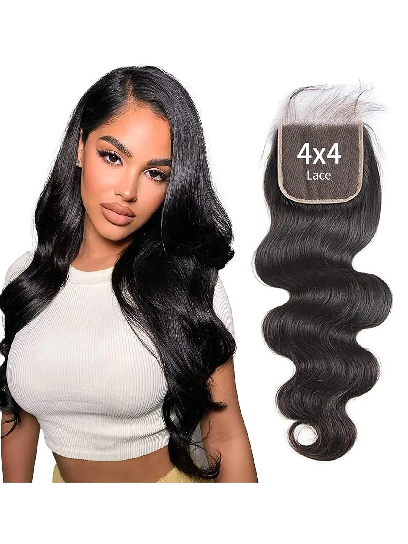 Silk Straight Glueless Lace Closure 4x4 Free Part  Pre-Plucked with Baby Hair Transparent Lace 100% Human Hair Weave Closure No Tangle Healthy Ends for Women Silky Straight Lace