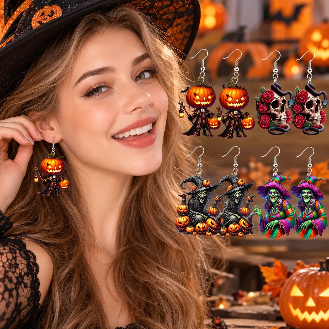 4-Piece Set Halloween Acrylic Dangle Earrings for Women – Pumpkin, Skull Rose & Witch Designs, Double-Sided Spooky Drop Earrings, Lightweight Halloween Party Jewelry