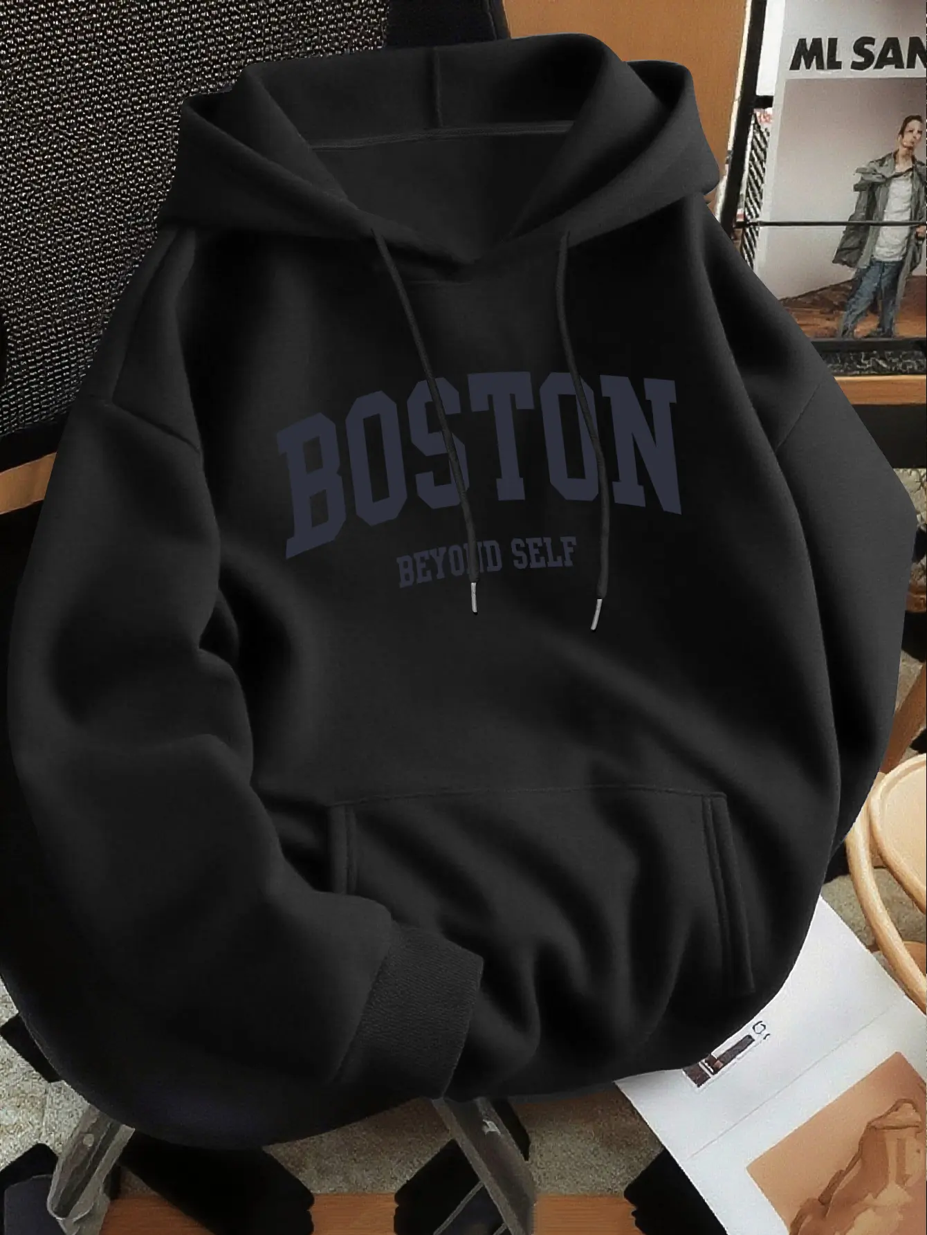 Men's Premium Boston Lettering Vintage Print Hooded Sweatshirt - Regular Fit, Hooded Collar, Solid Color with Graphic, Casual Long Sleeve Pullover