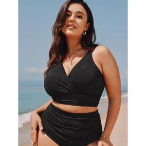Plus Size Paisley Textured Surplice Neckline Tankini Top, 2026 Summer Turn-Up Pick, M-6X Sizing, Ideal for Mother's Day, Tankini Tops 2026 Summer Vibes