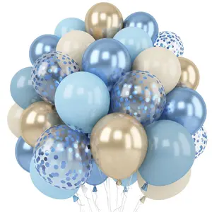 Dusty Blue Gold Balloons, 60 Packs 12 Inch Dusty Blue Chrome Gold Blue Confetti Balloon Sand White Balloon for Boy Baby Shower Decorations Bridal Shower Gender Reveal Birthday Party Supplies Balloon Set Balloon Decorations Kit
