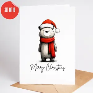 Bear Christmas Cards Set of 10 | Cute Holiday Cards A2 Size | Blank Inside | Envelopes Included | Cozy Winter Bear Greeting Cards