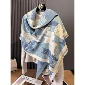 Women's Colorblock Cat Print Tassel Detail Scarf, Casual Soft Warm Shawl for Fall & Winter, Fashion Accessories for Daily Wear