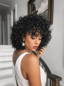 10 inch curly human hair wigs for women, afro gorgeous fluffy wave wig with bangs, wigs for party, daily use, adjustable human hair