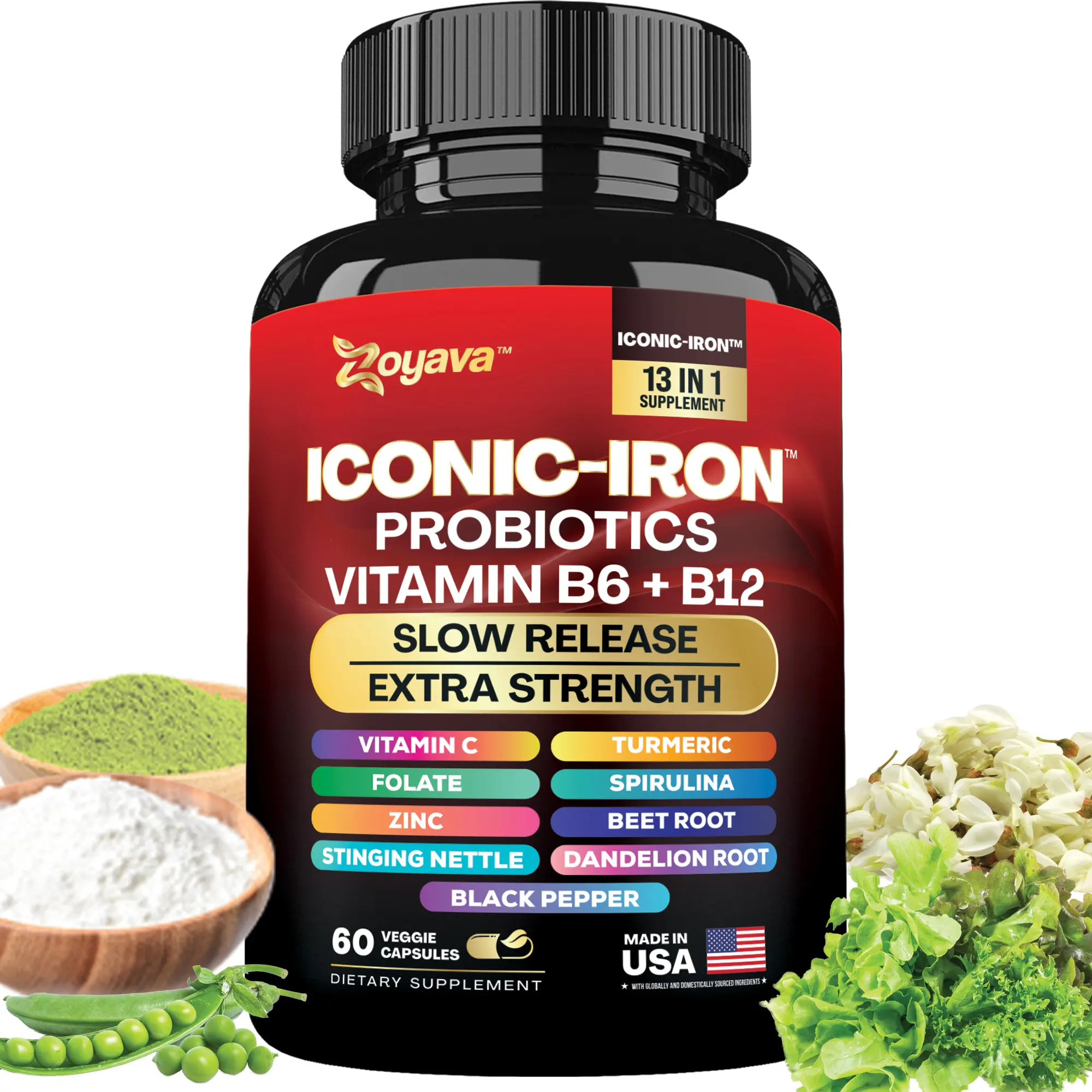 Zoyava Iron Supplement for Women - Multivitamins, Iron Deficiency, Probiotics, & Menstrual Cycle Support - 60 Capsules - Made in USA Zoyava Iron Supplement for Women - Multivitamins, Iron Deficiency, Probiotics, & Menstrual Cycle Support - 60 Capsules - Made in USA