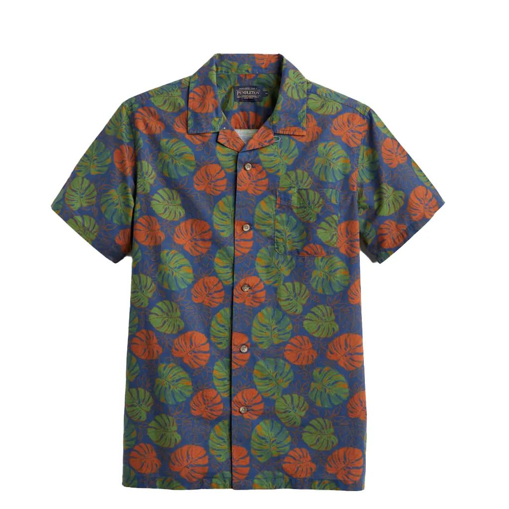 Pendleton Men's Fitted 100% Cotton Shortsleeve Shirt - Open-Collar, Boho Buttons-Front, Blue Tropical Monstera Botanical, Casual Summer Menswear Top, Cotton Shirts, Print