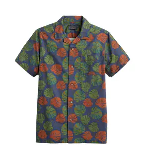 Pendleton Menswear Hawaiian Tropical Classic Monstera Print Blue Fitted Short-Sleeve Boho Button-Front Casual Open-Collar 100% Cotton Summer Shirt