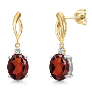 Gem Stone King 925 Silver and 10K Yellow Gold Red Garnet and Lab Grown Diamond Dangle Earrings for Women | 5.73 Cttw | Gemstone January Birthstone | Oval 10X8MM