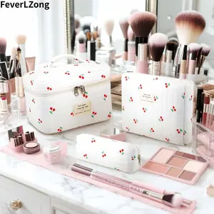 FeverLZong Floral Pattern Cosmetic Bag Set with Cherry Design - 3-Piece Travel Organizer for Makeup and Toiletries  Padded Cotton Cosmetic Bag Set Blossom Cotton Makeup Bag 3pc  bag  set pouch  organizer  singles