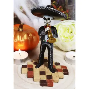 Ebros Gothic Day of The Dead Black Mariachi Skeleton Trumpet Player Figurine 5.5"H