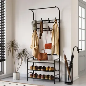 GARVEE Narrow Hall Tree Storage Bench - 4-in-1 Coat Rack with 3-Tier Shelf and 8 Hooks, Rustic Grey Finish for Organized Entryway and Functional Storage