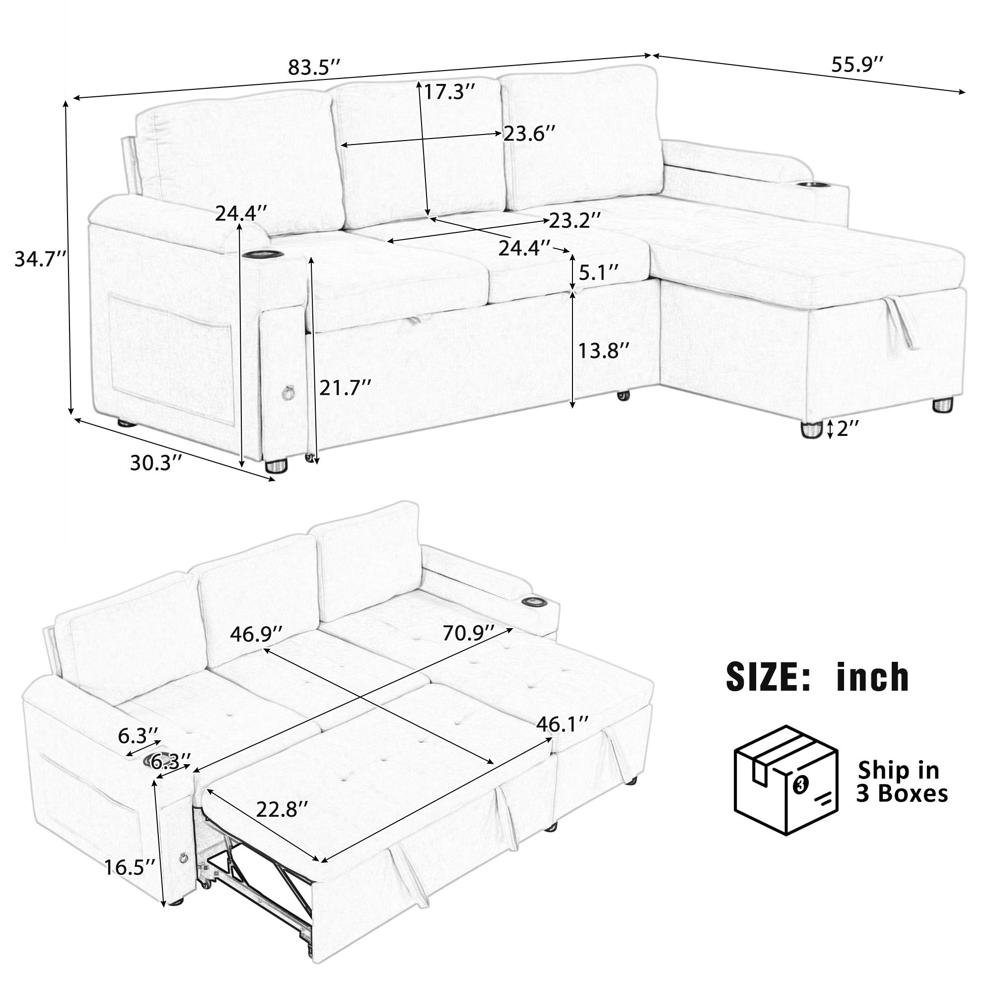 83.5" L-shaped Sofa Couch Convertible Sofa Bed Sectional Sofa with Ample Storage Space, Two Cup Holders and Two USB Ports for Living Room