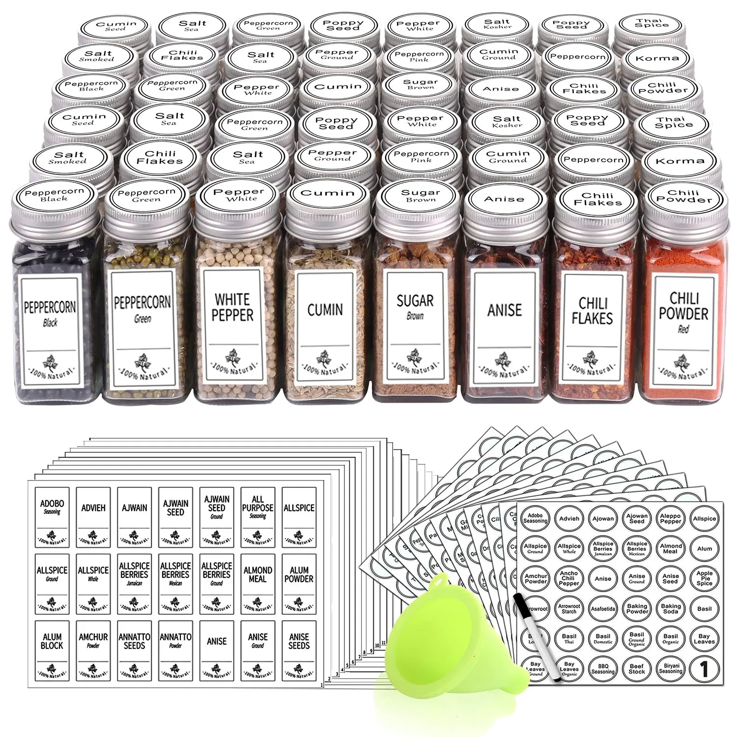 48 Glass Spice Jars with 806 White Spice Labels, Chalk Marker and Funnel Complete Set. Empty Square Spice Bottles 4 oz, Spice Containers with Pour/sift Shaker Lid, Airtight Cap
