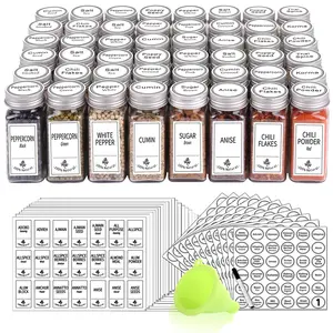 48 Glass Spice Jars with 806 White Spice Labels, Chalk Marker and Funnel Complete Set. Empty Square Spice Bottles 4 oz, Spice Containers with Pour/sift Shaker Lid, Airtight Cap