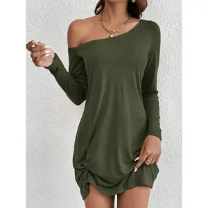 Woman's Army Green Asymmetric Off Shoulder Long Sleeve Twist Waist Bodycon Mini Dress Soft Stretchy Breathable Knit Sexy Casual Dress For Daily Dating Party Street Vacation Outing