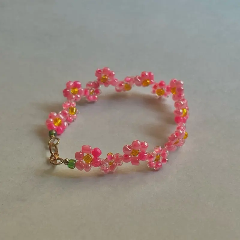 Pink Beaded Cherry Blossom Bracelet with Yellow Accents, Gold Charm - Daily Wear Costume Jewelry Accessory, Beads