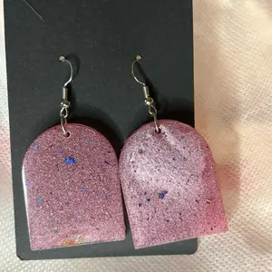 Glitter Pink Earrings with Blue Speckles, Silver Hook Closure, Unique Design, Perfect for Everyday Wear