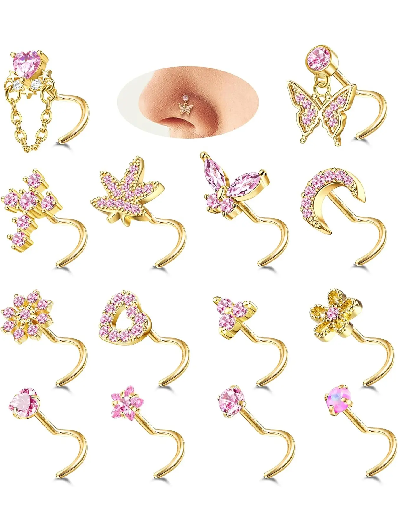 Gold Silver Nose Rings Nose Studs for Women Nose Piercings 20GLShaped Corkscrew Dangle Nose Rings Studs Simulated Diamond Pink CZ Opal, Rhinestone Nose Rings Nose Piercing Jewelry with Heart Star Butterfly Flower Cross Moon Charm Cute Dainty Nose Jewelry