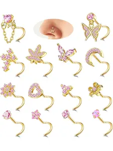 Gold Silver Nose Rings Nose Studs for Women Nose Piercings 20GLShaped Corkscrew Dangle Nose Rings Studs Simulated Diamond Pink CZ Opal Dangling Dangly Hanging Nose Piercing Jewelry with Heart Star Butterfly Flower Cross Moon Charm Cute Dainty Nose Jewelry