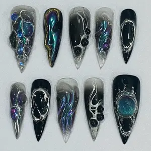 Galaxy Chrome Press On Nails – 3D Planet Holographic Nail Art