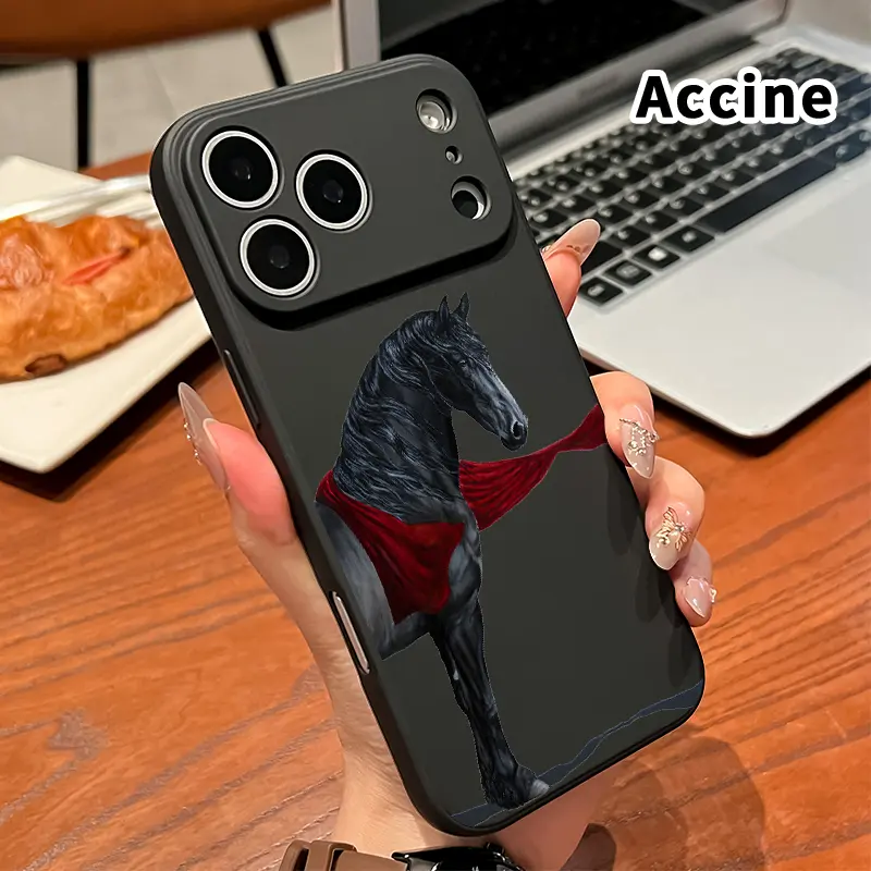 Straight Edge Phone Case for iPhone 17 16 Pro Max 15 Plus 14 13 12 11 Air XS XR E Black horse with red cloth Pattern Anti-Scratch Shockproof Soft Silicone Protective Cover