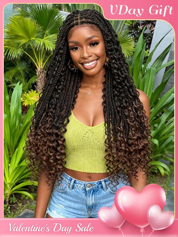 33 Inch Black Full Lace Front Box Braided Wig with Curly Hair Distressed Knotless Braided Wigs for Women, Synthetic Braided Lace Wigs for Party, Daily Use, Wigs That Look Like Real Hair, Kinky Curly Wigs