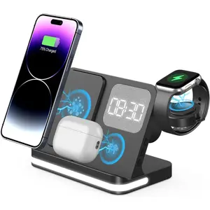 Wireless Charger, 4 in 1 Charging Station for Apple, Wireless iPhone Charging Stand for Bedrooms with Bedside Clock Night Light for iPhone 17 16 15 14 13 12 11 Pro Max, Watch and Airpods