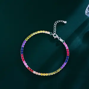 925 Sterling Silver Rainbow Tennis Bracelet with 5A Grade Cubic Zirconia, Adjustable Light Luxury Party Wedding Jewelry for Women