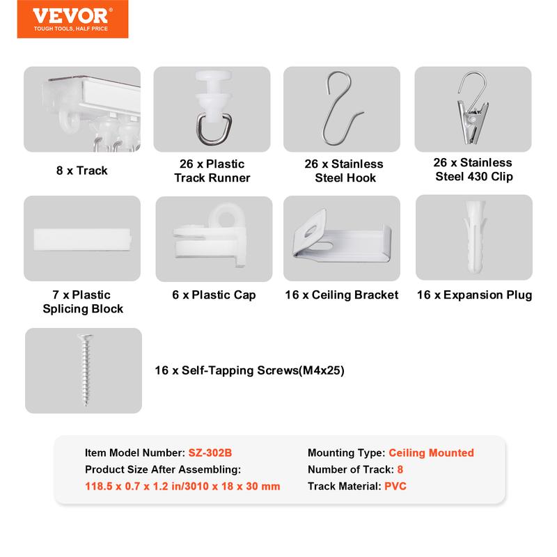 VEVOR Ceiling Curtain Track Set,  9.9 FT/3 Meter, Self Adhesive, No Drill Ceiling Track System for Curtains, Room Divider Curtain Track Ceiling Mounted for Living Room with Hooks and Hardware, White