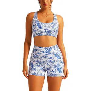 ABOCIW Floral Print Workout Sets for Women 2 Piece Cross Back Sports Bra High Waits Biker Shorts Yoga Pilates Outfits