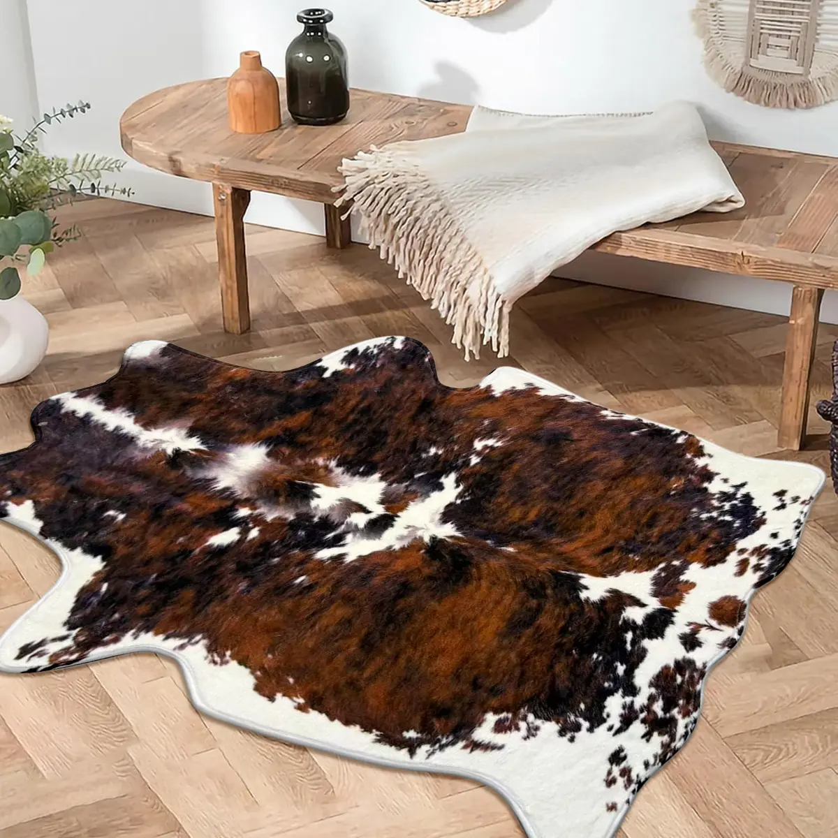 1pc Western Natural Cow-Print Faux-Wool Area Rug｜Fast-Dry Fade-Proof for Entry-Kitchen-Sofa-Study, Multi-Size Gift, Animal Print Rug, Home Decor Rugs