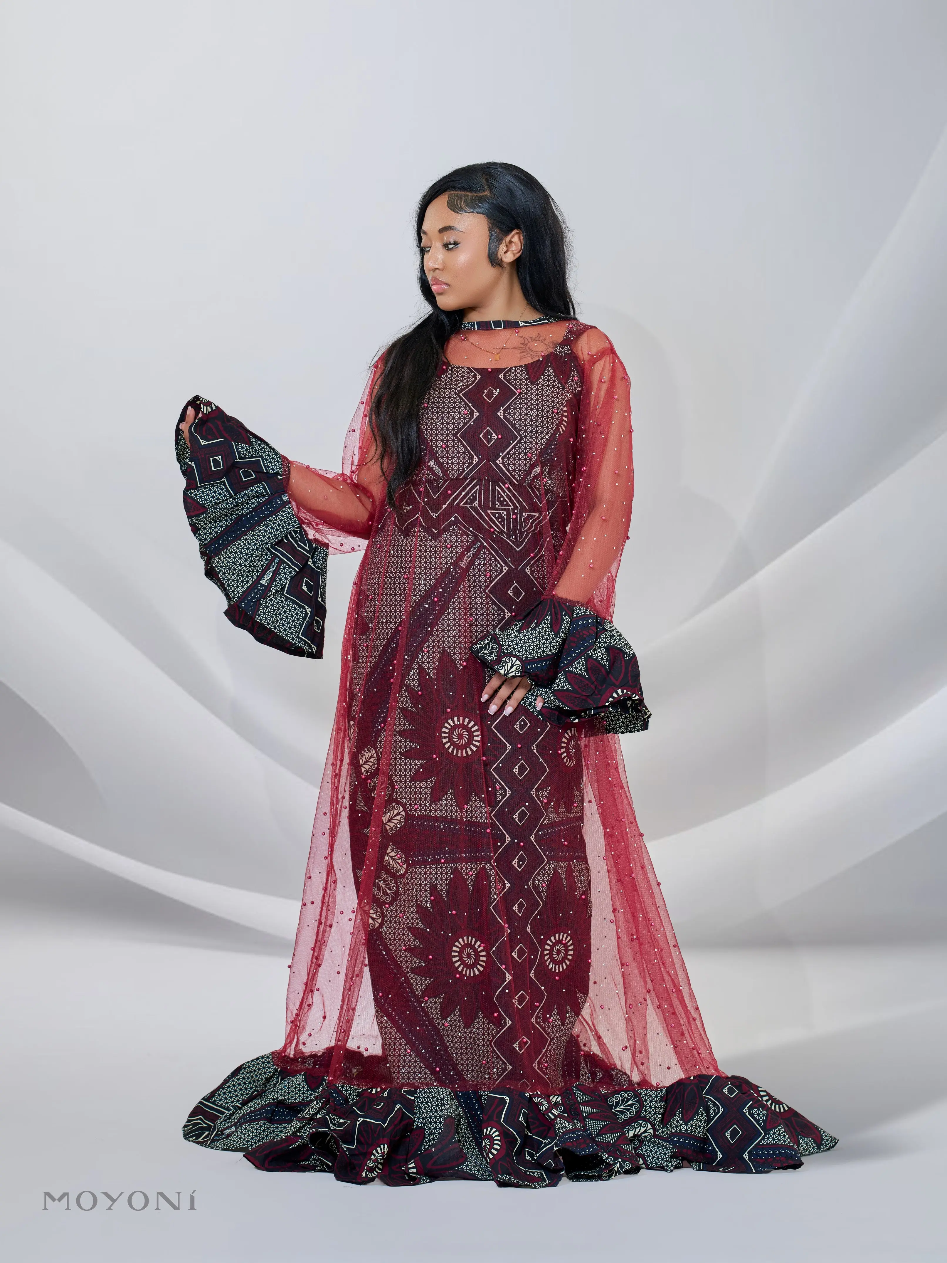 Women's Sage Ankara Fabric Sheer Fit Maxi Dress - Handmade Cultural Print Flair Formal Gown, Fully Lined, Modest Flowing Drape Bell-Sleeve, Chic Casual for Church, Weddings