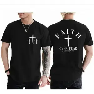 Women's Christian Graphic T-Shirt - Faith Over Fear, Cross, God, Jesus, Bible Verse, Acid Wash Vintage Short-Sleeve Casual Top, Streetwear Gift